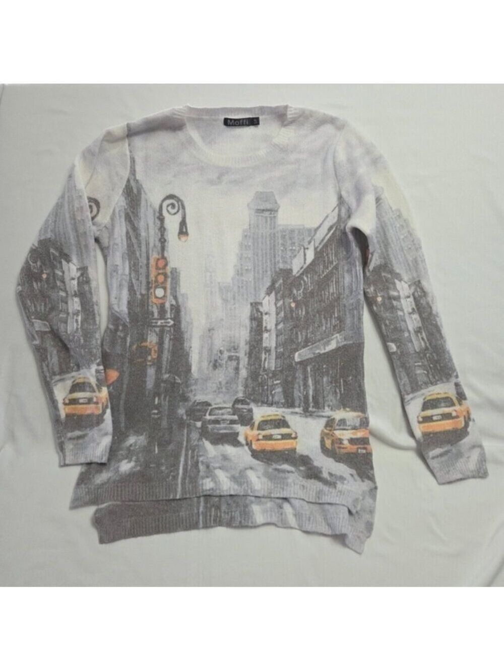 Moffi New York City Graphic Knit Sweater Taxi Print Women's Size S/P Small